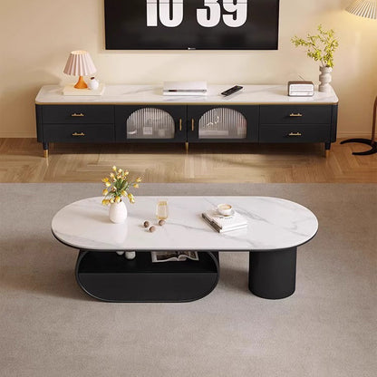Traditional French Sintered Stone Iron Long Oval Coffee Table With 2 Tiers For Living Room