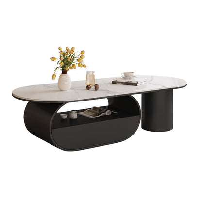 Traditional French Sintered Stone Iron Long Oval Coffee Table With 2 Tiers For Living Room