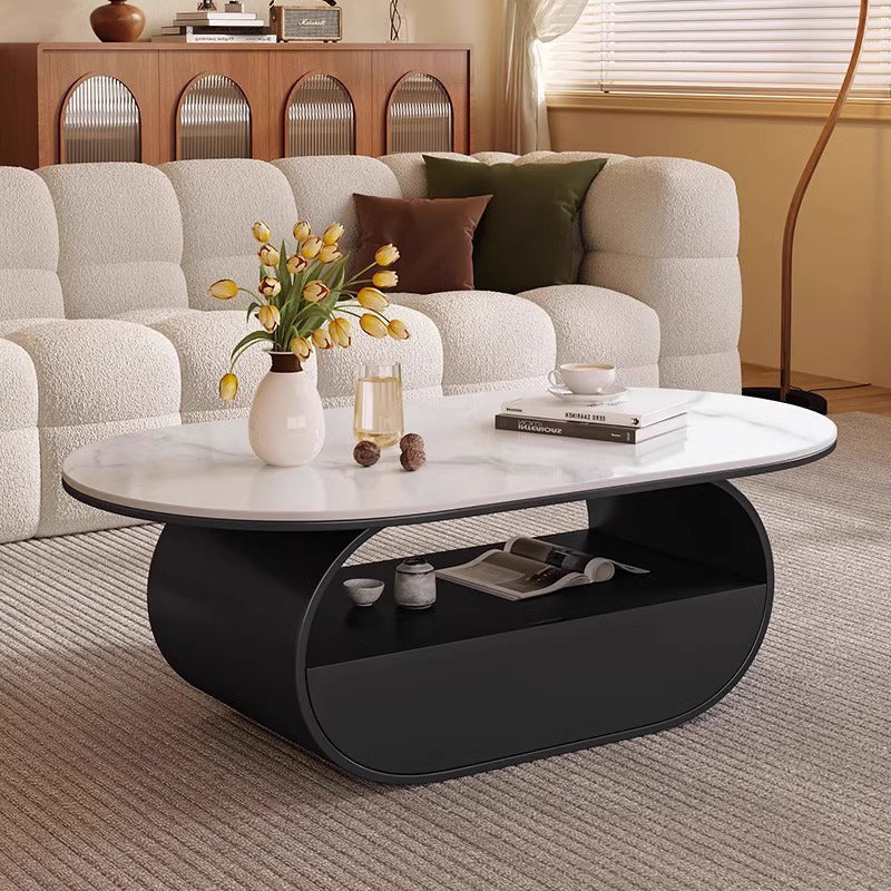 Traditional French Sintered Stone Iron Long Oval Coffee Table With 2 Tiers For Living Room