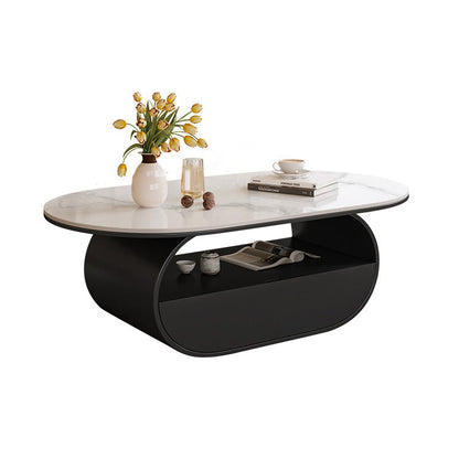 Traditional French Sintered Stone Iron Long Oval Coffee Table With 2 Tiers For Living Room