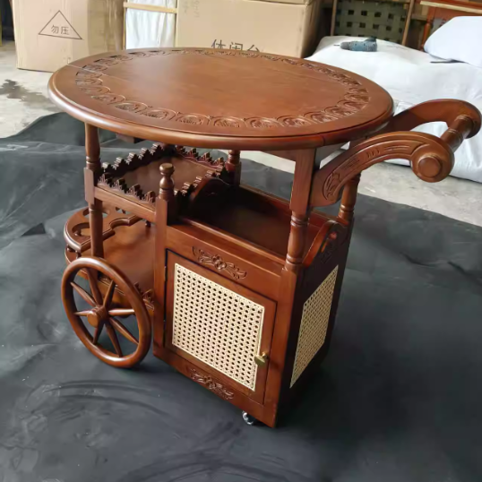 Traditional Vintage Ash Wood Rattan Carved Rectangular Coffee Table With 3 Tiers For Living Room