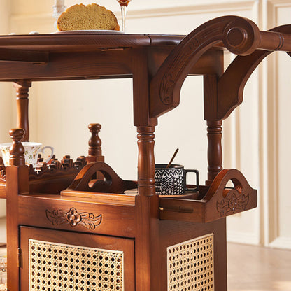 Traditional Vintage Ash Wood Rattan Carved Rectangular Coffee Table With 3 Tiers For Living Room