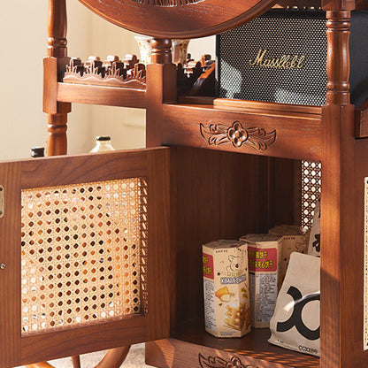 Traditional Vintage Ash Wood Rattan Carved Rectangular Coffee Table With 3 Tiers For Living Room