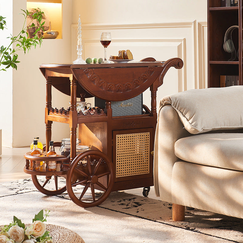 Traditional Vintage Ash Wood Rattan Carved Rectangular Coffee Table With 3 Tiers For Living Room
