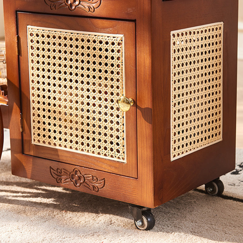 Traditional Vintage Ash Wood Rattan Carved Rectangular Coffee Table With 3 Tiers For Living Room