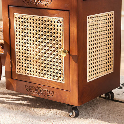 Traditional Vintage Ash Wood Rattan Carved Rectangular Coffee Table With 3 Tiers For Living Room