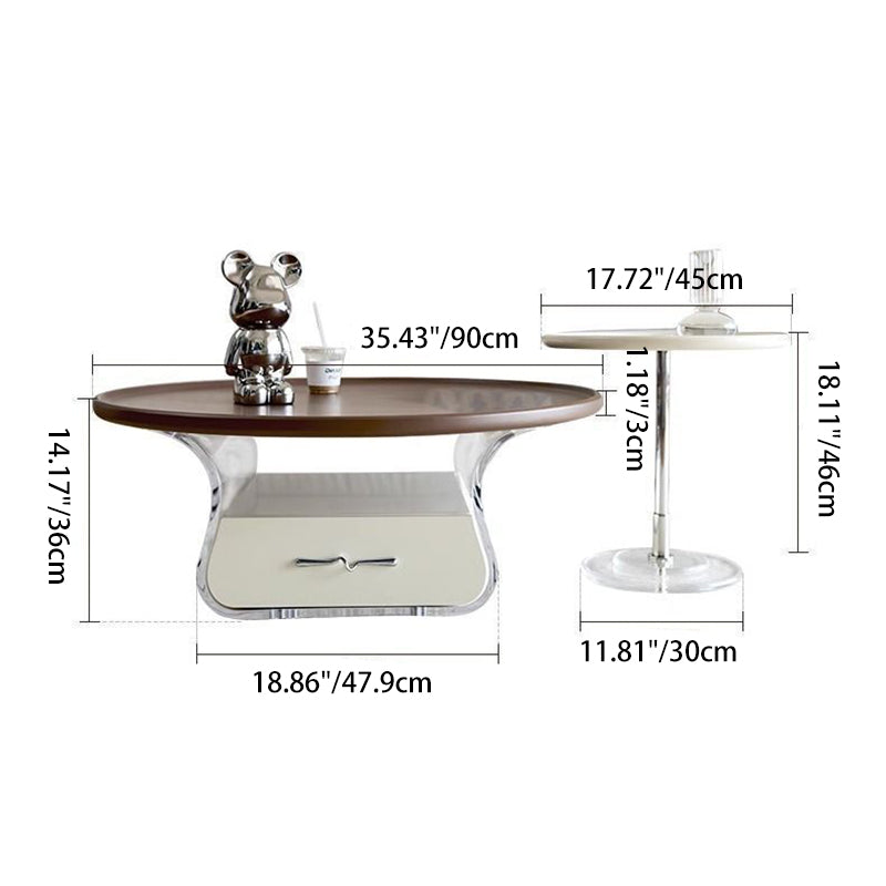 Traditional French Engineered Wood Acrylic Stainless Steel Round Curved Coffee Table With 2 Tiers For Living Room