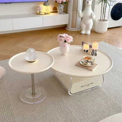 Traditional French Engineered Wood Acrylic Stainless Steel Round Curved Coffee Table With 2 Tiers For Living Room