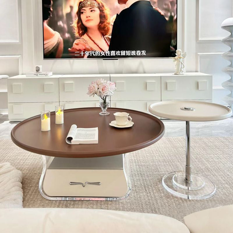 Traditional French Engineered Wood Acrylic Stainless Steel Round Curved Coffee Table With 2 Tiers For Living Room