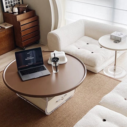 Traditional French Engineered Wood Acrylic Stainless Steel Round Curved Coffee Table With 2 Tiers For Living Room