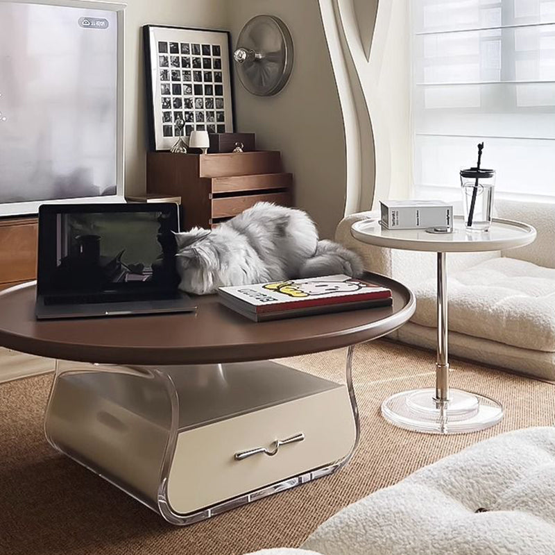 Traditional French Engineered Wood Acrylic Stainless Steel Round Curved Coffee Table With 2 Tiers For Living Room