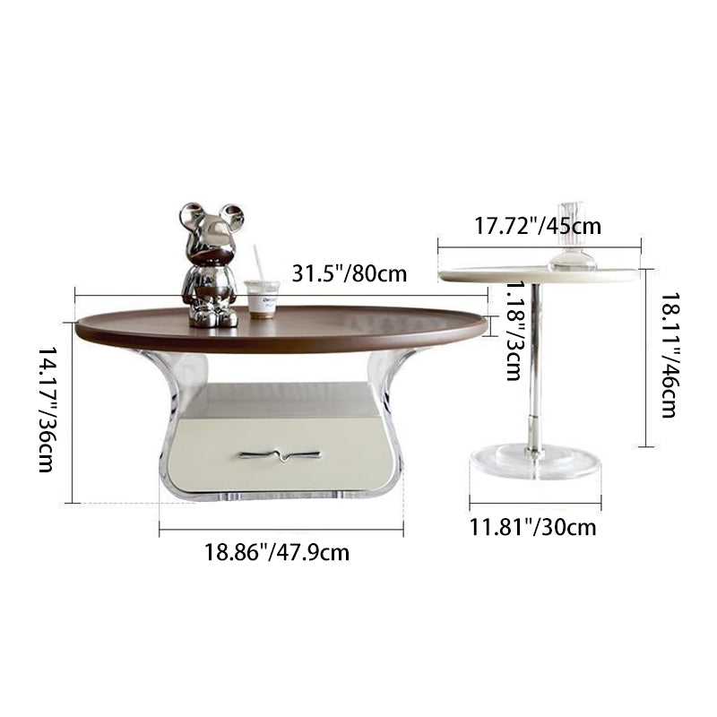 Traditional French Engineered Wood Acrylic Stainless Steel Round Curved Coffee Table With 2 Tiers For Living Room
