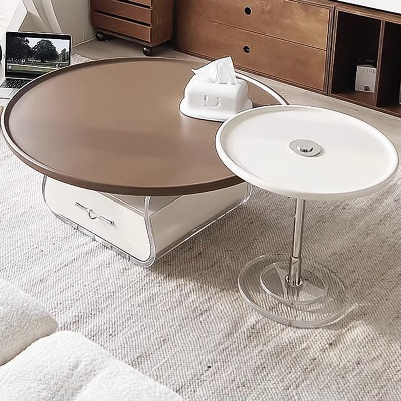 Traditional French Engineered Wood Acrylic Stainless Steel Round Curved Coffee Table With 2 Tiers For Living Room