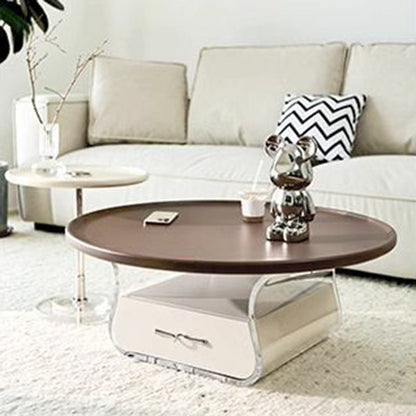 Traditional French Engineered Wood Acrylic Stainless Steel Round Curved Coffee Table With 2 Tiers For Living Room