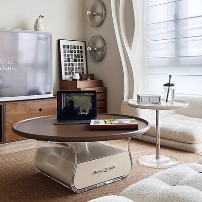 Traditional French Engineered Wood Acrylic Stainless Steel Round Curved Coffee Table With 2 Tiers For Living Room