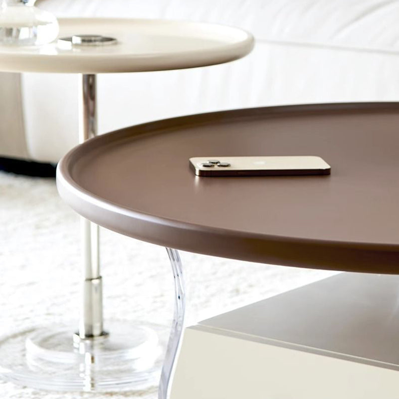 Traditional French Engineered Wood Acrylic Stainless Steel Round Curved Coffee Table With 2 Tiers For Living Room