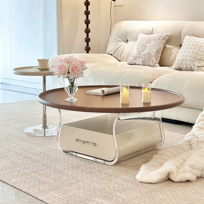 Traditional French Engineered Wood Acrylic Stainless Steel Round Curved Coffee Table With 2 Tiers For Living Room