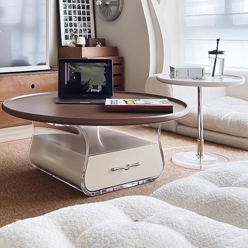 Traditional French Engineered Wood Acrylic Stainless Steel Round Curved Coffee Table With 2 Tiers For Living Room