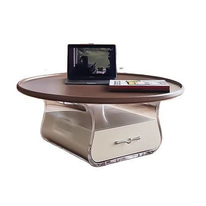 Traditional French Engineered Wood Acrylic Stainless Steel Round Curved Coffee Table With 2 Tiers For Living Room