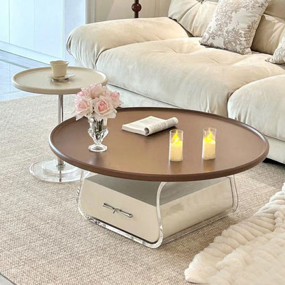 Traditional French Engineered Wood Acrylic Stainless Steel Round Curved Coffee Table With 2 Tiers For Living Room