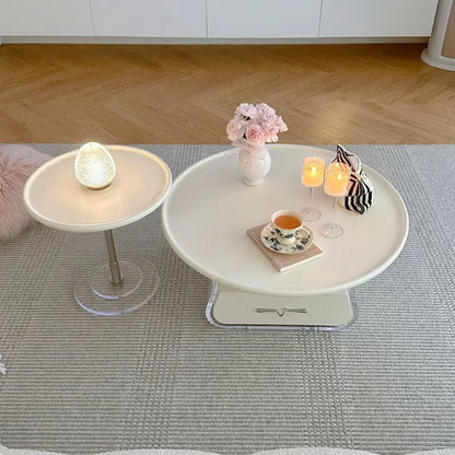 Traditional French Engineered Wood Acrylic Stainless Steel Round Curved Coffee Table With 2 Tiers For Living Room