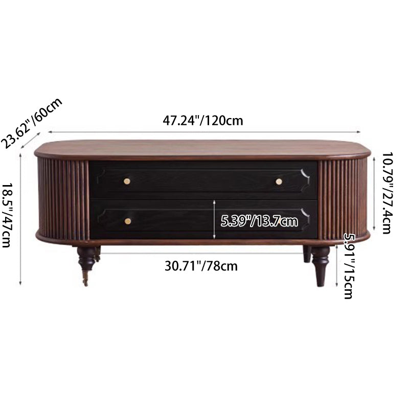 Traditional French Oak Wood Solid Wood Multi-Layer Board Rounded Elongated Oval Coffee Table With 2 Drawers For Living Room