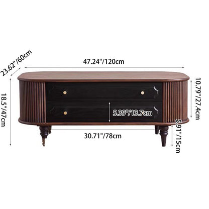 Traditional French Oak Wood Solid Wood Multi-Layer Board Rounded Elongated Oval Coffee Table With 2 Drawers For Living Room