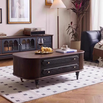 Traditional French Oak Wood Solid Wood Multi-Layer Board Rounded Elongated Oval Coffee Table With 2 Drawers For Living Room