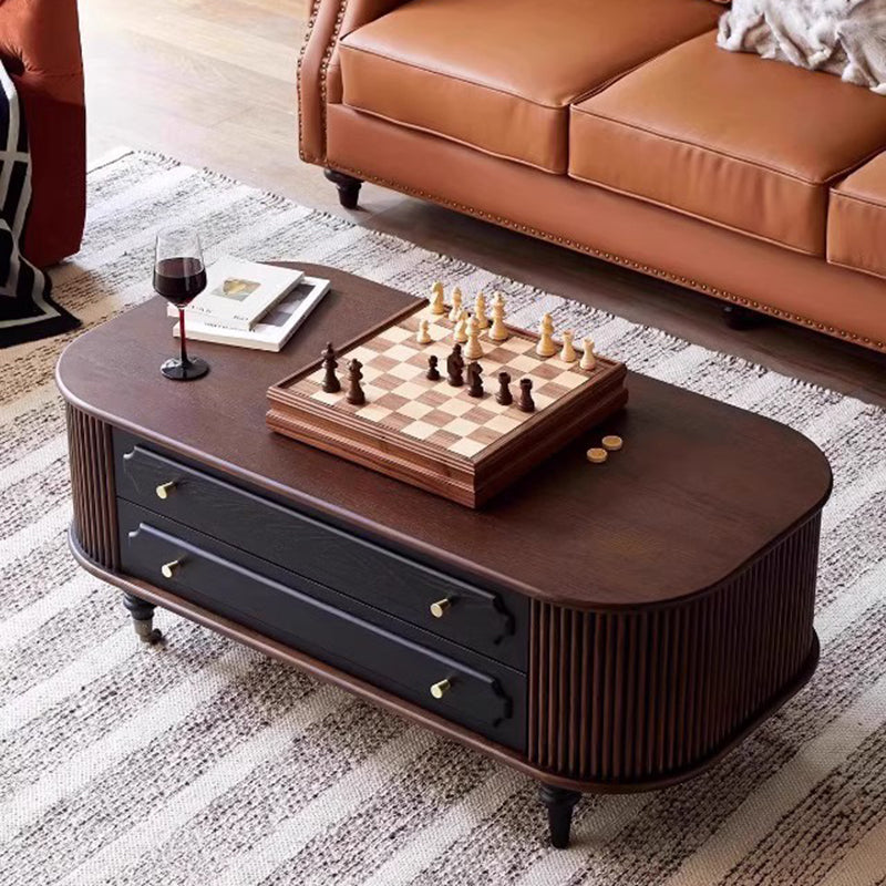 Traditional French Oak Wood Solid Wood Multi-Layer Board Rounded Elongated Oval Coffee Table With 2 Drawers For Living Room