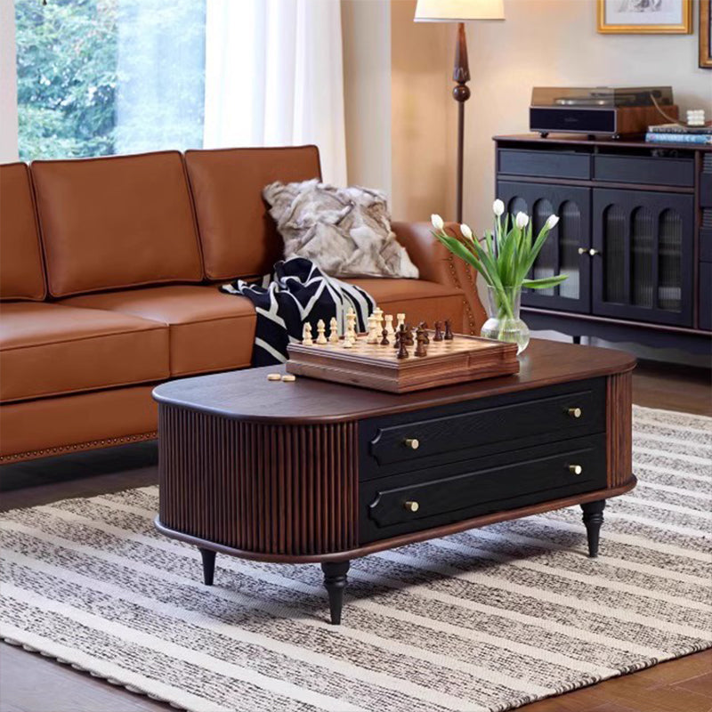 Traditional French Oak Wood Solid Wood Multi-Layer Board Rounded Elongated Oval Coffee Table With 2 Drawers For Living Room