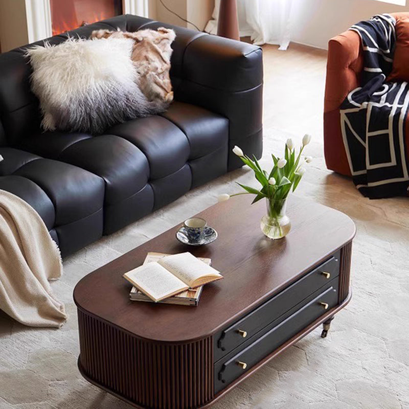 Traditional French Oak Wood Solid Wood Multi-Layer Board Rounded Elongated Oval Coffee Table With 2 Drawers For Living Room