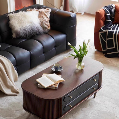 Traditional French Oak Wood Solid Wood Multi-Layer Board Rounded Elongated Oval Coffee Table With 2 Drawers For Living Room