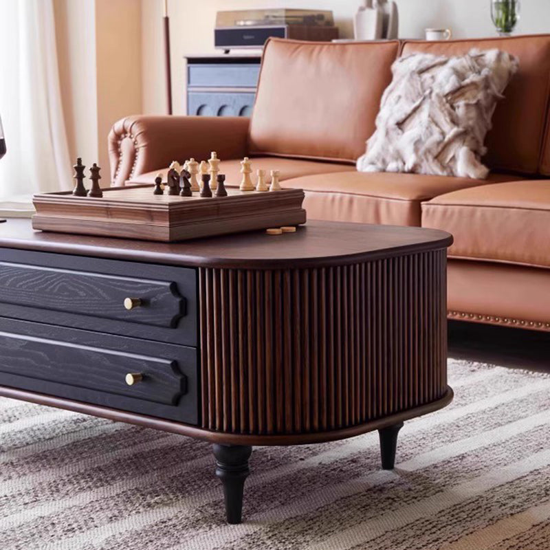 Traditional French Oak Wood Solid Wood Multi-Layer Board Rounded Elongated Oval Coffee Table With 2 Drawers For Living Room