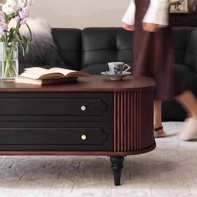 Traditional French Oak Wood Solid Wood Multi-Layer Board Rounded Elongated Oval Coffee Table With 2 Drawers For Living Room