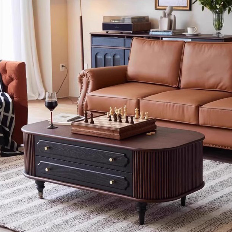 Traditional French Oak Wood Solid Wood Multi-Layer Board Rounded Elongated Oval Coffee Table With 2 Drawers For Living Room