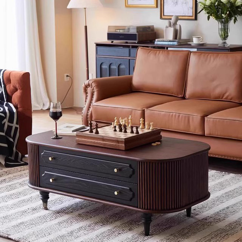 Traditional French Oak Wood Solid Wood Multi-Layer Board Rounded Elongated Oval Coffee Table With 2 Drawers For Living Room
