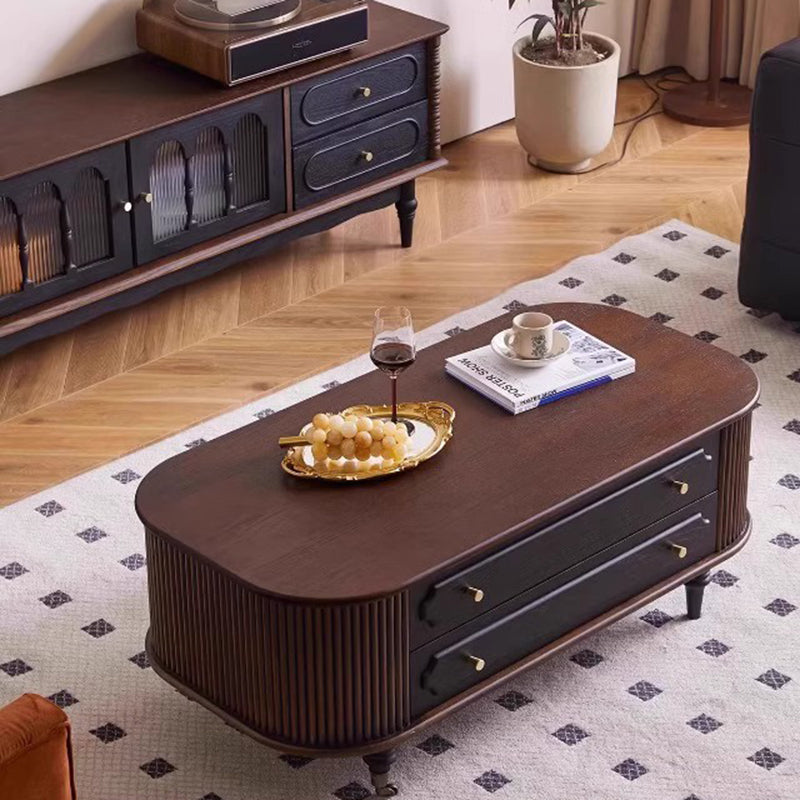 Traditional French Oak Wood Solid Wood Multi-Layer Board Rounded Elongated Oval Coffee Table With 2 Drawers For Living Room