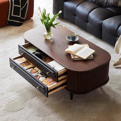 Traditional French Oak Wood Solid Wood Multi-Layer Board Rounded Elongated Oval Coffee Table With 2 Drawers For Living Room