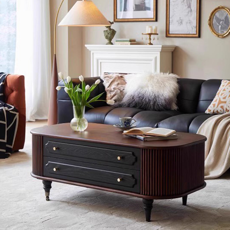 Traditional French Oak Wood Solid Wood Multi-Layer Board Rounded Elongated Oval Coffee Table With 2 Drawers For Living Room