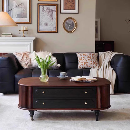 Traditional French Oak Wood Solid Wood Multi-Layer Board Rounded Elongated Oval Coffee Table With 2 Drawers For Living Room
