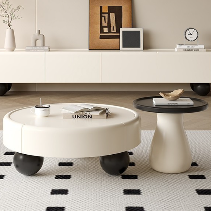 Traditional French Solid Wood Multi-Layer Board Rounded Ball Cylindrical Coffee Table with 1-Tier for Living Room