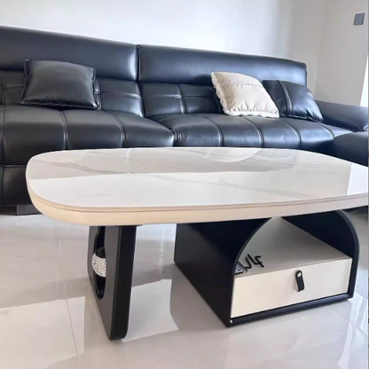 Traditional French Solid Wood Multi-Layer Board Rounded Rectangular Curved Coffee Table With 1-Drawer For Living Room
