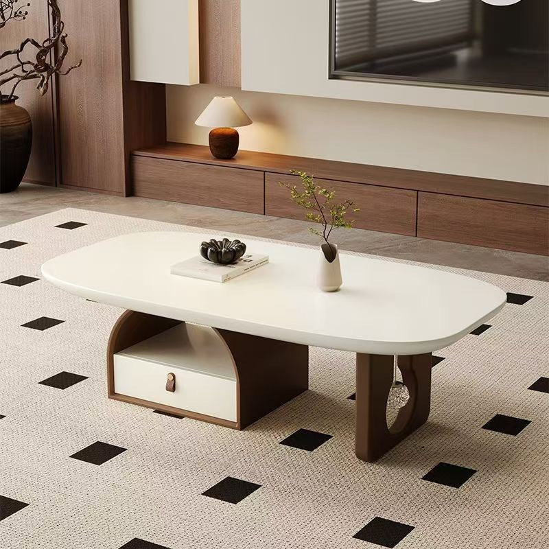 Traditional French Solid Wood Multi-Layer Board Rounded Rectangular Curved Coffee Table With 1-Drawer For Living Room