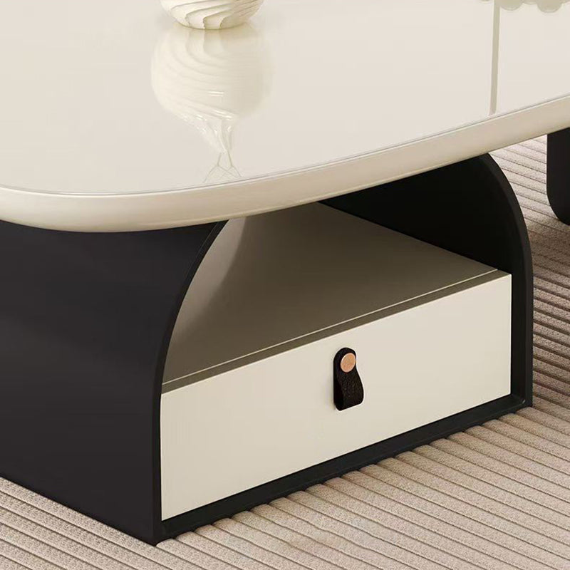 Traditional French Solid Wood Multi-Layer Board Rounded Rectangular Curved Coffee Table With 1-Drawer For Living Room