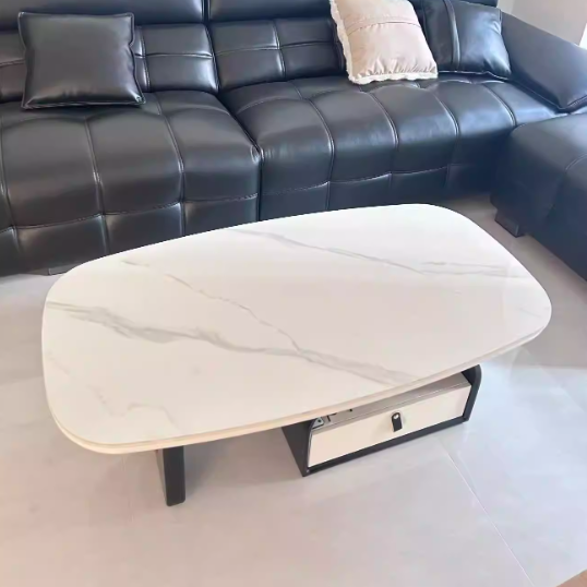 Traditional French Solid Wood Multi-Layer Board Rounded Rectangular Curved Coffee Table With 1-Drawer For Living Room