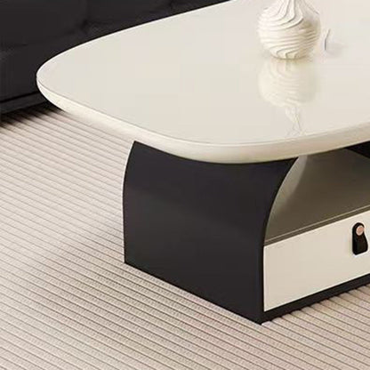 Traditional French Solid Wood Multi-Layer Board Rounded Rectangular Curved Coffee Table With 1-Drawer For Living Room