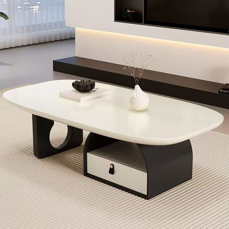 Traditional French Solid Wood Multi-Layer Board Rounded Rectangular Curved Coffee Table With 1-Drawer For Living Room