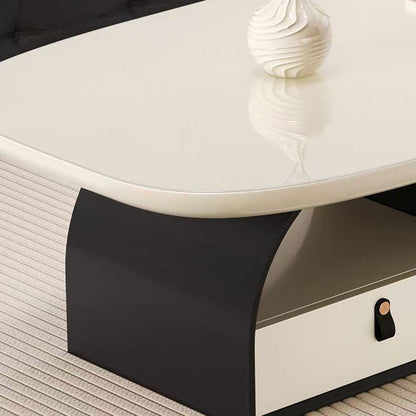 Traditional French Solid Wood Multi-Layer Board Rounded Rectangular Curved Coffee Table With 1-Drawer For Living Room