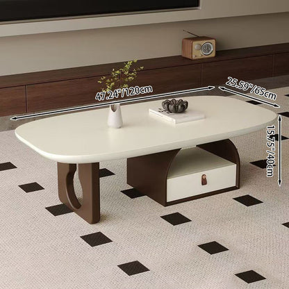 Traditional French Solid Wood Multi-Layer Board Rounded Rectangular Curved Coffee Table With 1-Drawer For Living Room