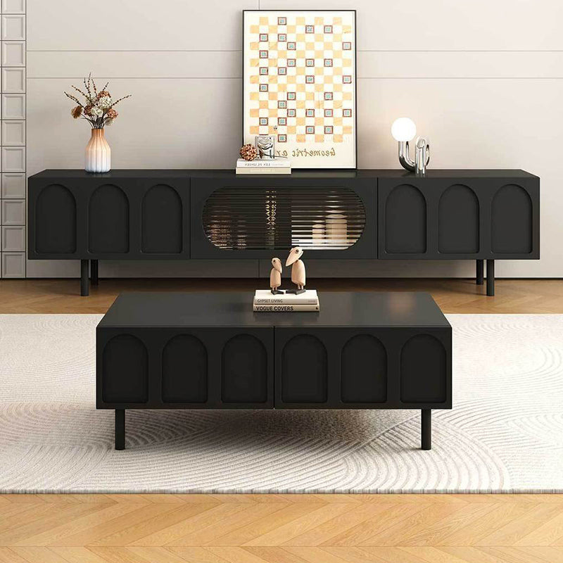 Traditional French Engineered Wood Glass Arch Rectangular Coffee Table With 2 Drawers For Living Room